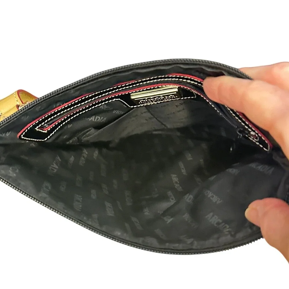 Arcadia Crossbody Bag Women Black Patent Leather Embossed Logo Made in Italy
